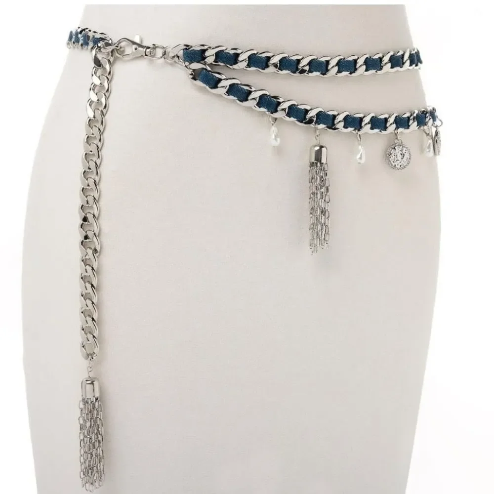 Christian Siriano C Wonder Denim Silver Chain Charms Waist Hips Boho Belt NWT